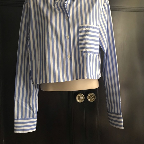 New Meme Chose Cropped Blue White Button down up Shirt Stripes NWT Fall New $185 - Picture 2 of 2